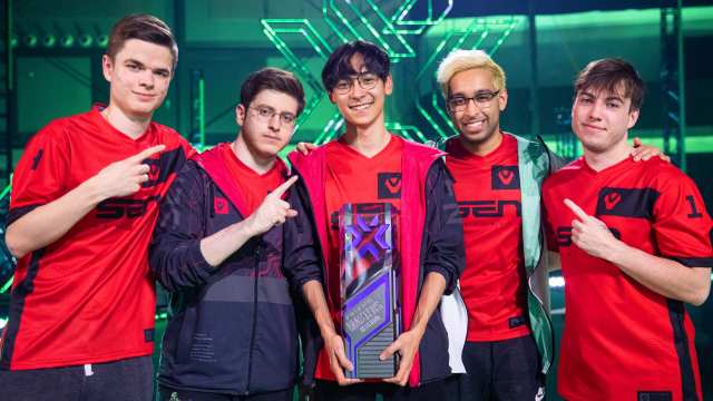 Sentinels celebrate win at Masters 2 after taking down Fnatic in the finals.