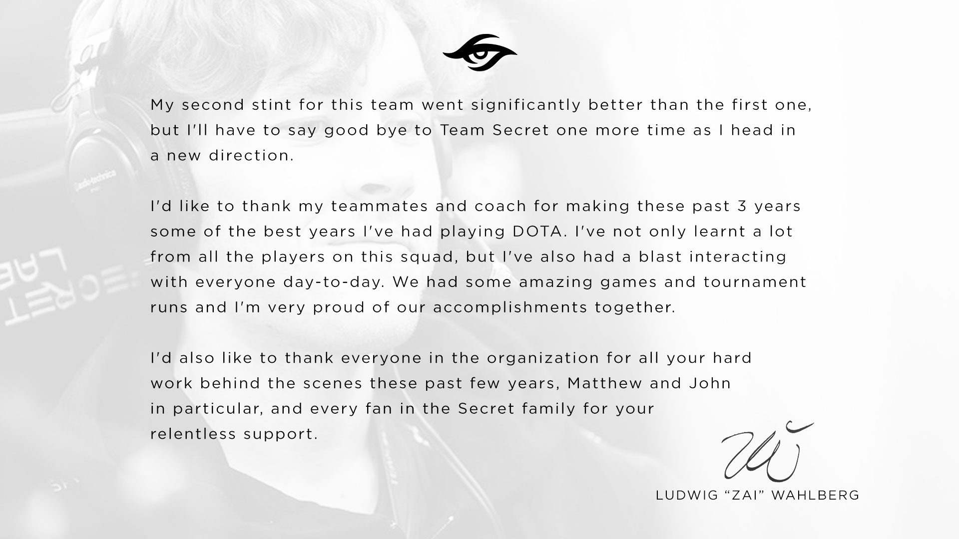 Zai says goodbye to team secret