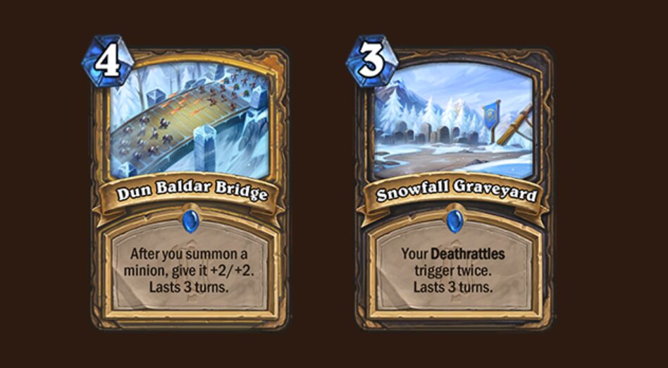 The Dun Baldar Bridge and Snowfall Graveyard spells from the Fractured in Alterac Valley Hearthstone expansion
