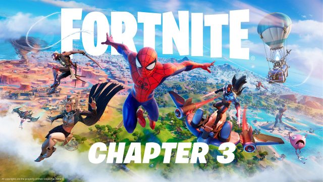 fortnite Chapter 3 ad with spiderman in the center