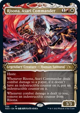 The new cards feature modern feudal aesthetics, as seen with Risona, Asari Commander from Kamigawa Neon Dynasty