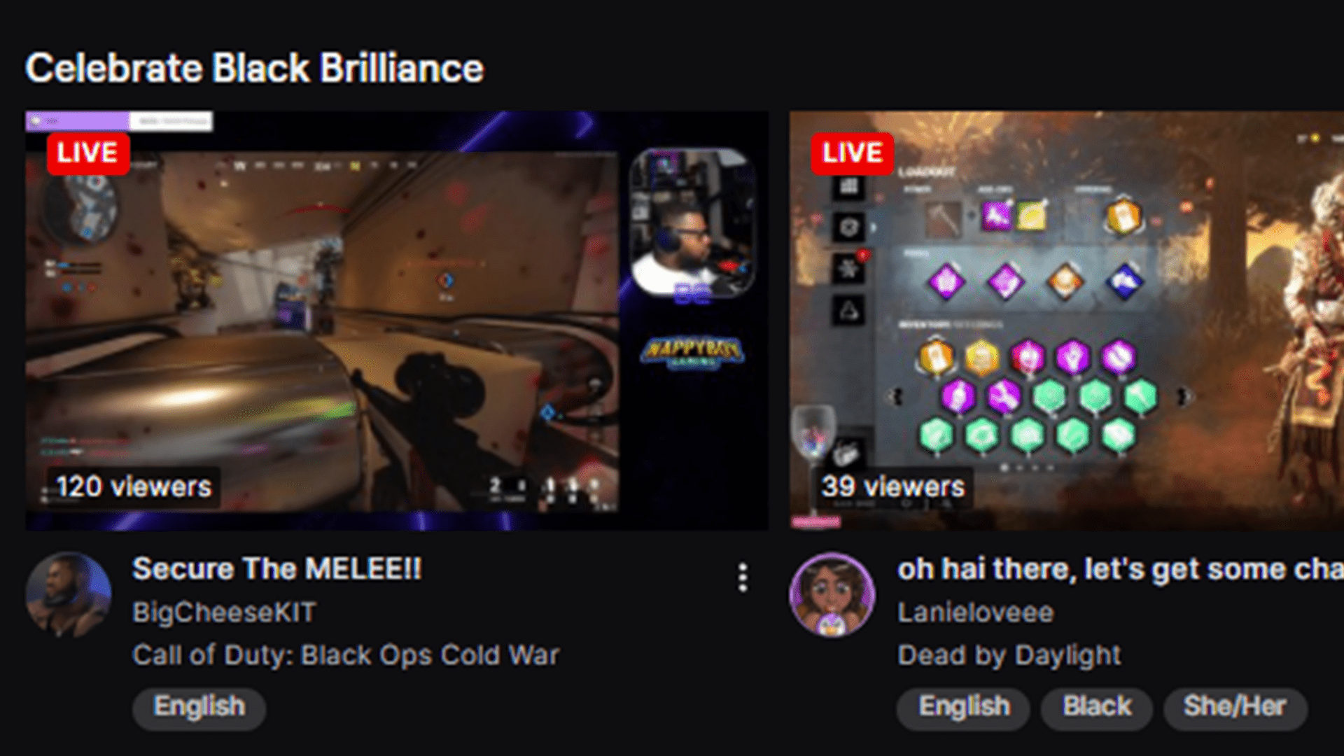 The Black Brilliance tab on Twitch's front page. 