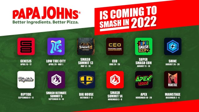 A graphic showing the 12 majors that will be part of the Papa John's Super Smash Bros. sponsorship.