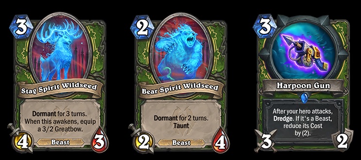 The Stag Spirit Wildseed, Bear Spirit Wildseed and Harpoon Gun cards featured in the latest Hearthstone patch notes