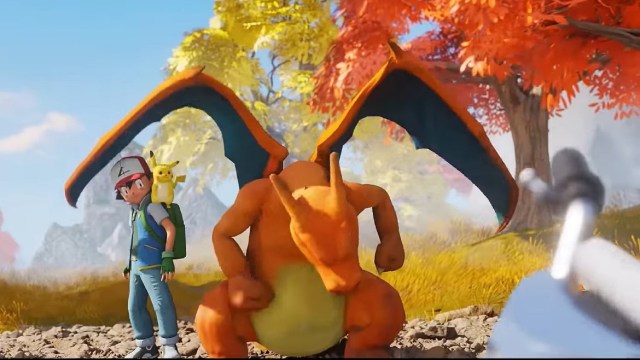Ash, Pikachu and Charizard from Pokémon in a fan-made Fortnite trailer