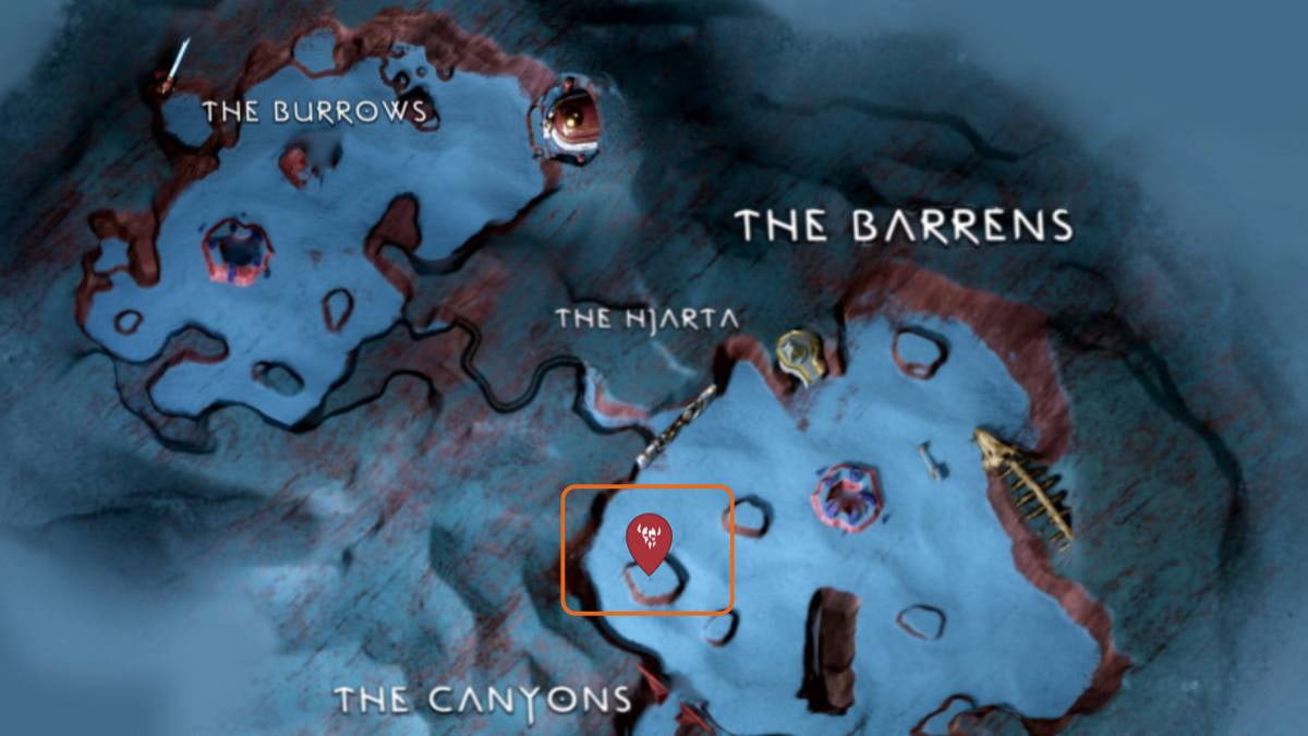 Map location of the Draugr Hole in The Barrens in God of War Ragnarök