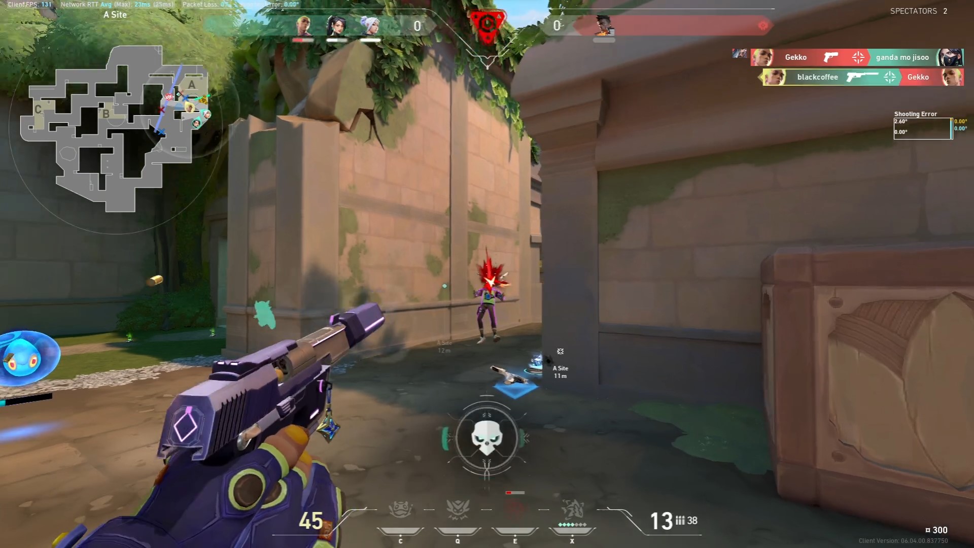 Gekko delivering a headshot to enemy Gekko in Lotus map in Valorant