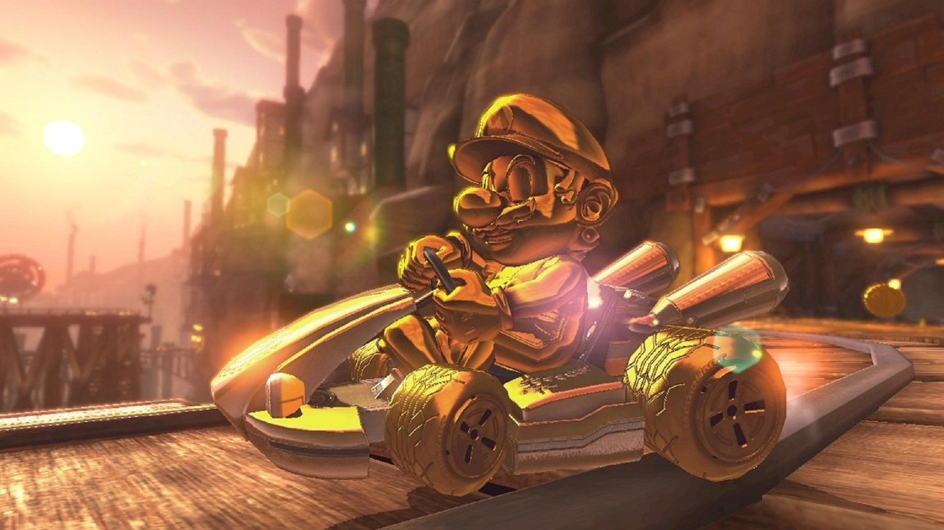 Gold Mario, the only playable character among the Mario Kart 8 Deluxe unlockables