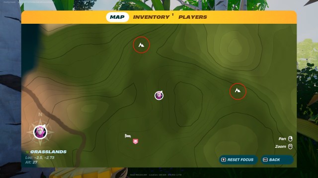 LEGO Fortnite map showing two cave icons, circled in red. 