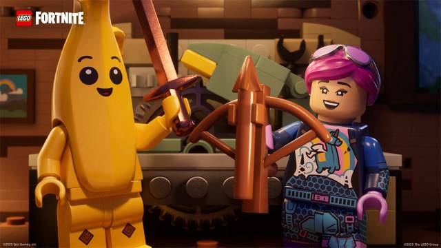 LEGO Fortnite characters holding a sword and a crossbow.