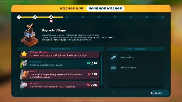 LEGO Fortnite's Upgrade Village screen, which asks for 10 Knotroot, 15 planks, and 25 granite to upgrade to Level Four. 