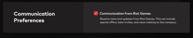 The Communication Preferences section of Riot Games' settings, with Communication from Riot Games turned on. 
