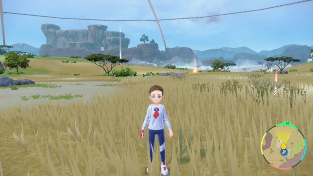 Player Character standing in the fields of the Savannah Biome in the Pokémon Scarlet and Violet DLC.