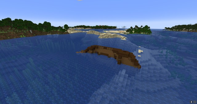An overturned ship sitting in the water in a Minecraft world.