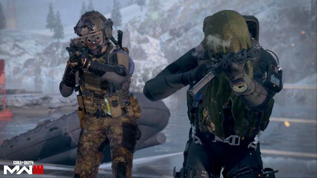 Two MW3 players running forward, aiming down the sights of their weapons.
