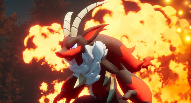 A red monster with black and white accents with horns, standing in front of a big ball of fire.