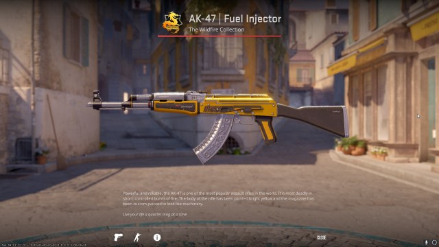 The Fuel Injector skin in CS2, a yellow gun with black and silver accents. 