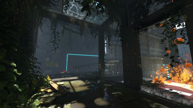 One of Portal Revolution's levels, with a big red button and an orange tree at the left hand side. 