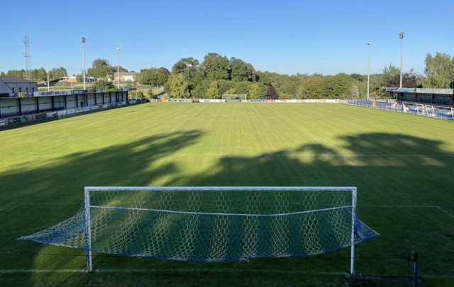Lakeview Park, a football pitch with two small stands either side, and trees behind the goal. 