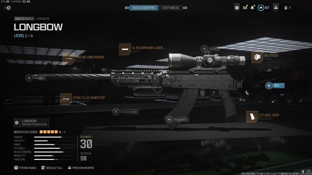 A screenshot of MW3's loadout screen, showing a Longbow with the XTEN TX-12 Handstop Underbarrel, the Pro-99 Long Barrel, the SL Razorhawk Laser Light, No Stock, and the Citadel Rear Grip. 