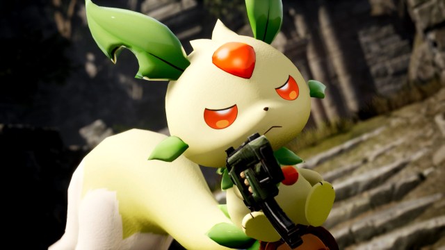 A green and yellow Palworld character holding an Uzi SMG.