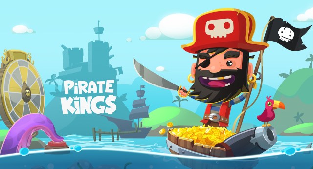 A pirate with a sword, an eye patch, and a red hat, standing at a chest full of gold coins