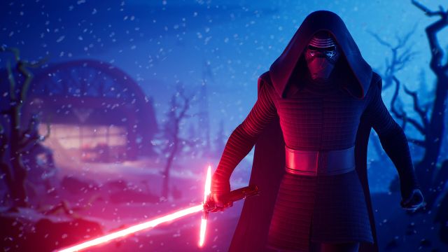 Kylo Ren in Fortnite, holding a red lightsaber and wearing black clothes with a mask. 